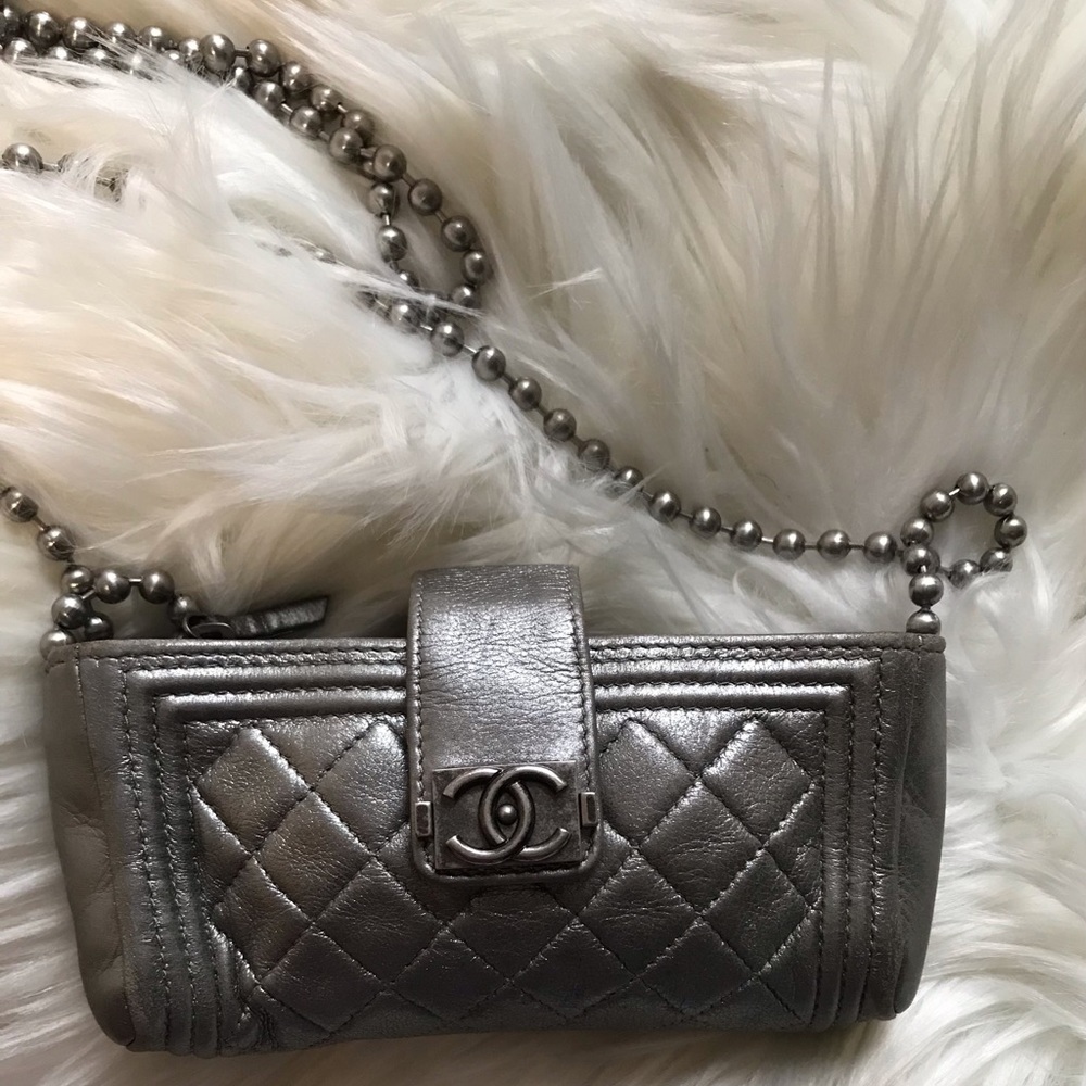 Authentic Chanel Mini Boy Lambskin Metallic Crossbody Bag Clutch Wallet on Chain